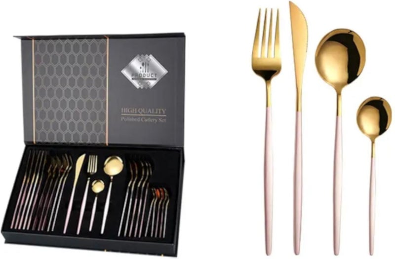 24-Piece Stainless Steel Flatware Set, Steak Knife Dessert Fork Luxury Coffee Spoon for Kitchen Dishwasher Safe Tableware Set (Pink)